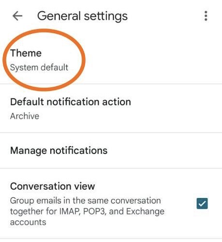 A screenshot of Gmail's Settings featuring "Theme" option on Android