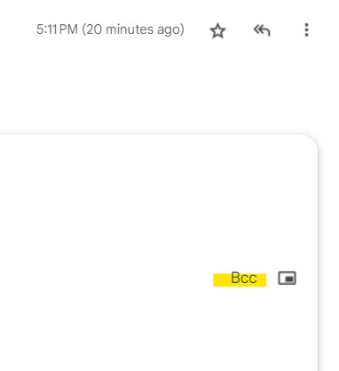 Screenshot of the Gmail compose window, showing the From email address section expanded, with the BCC icon highlighted.