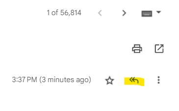 Screenshot showing the new order of the reply options (Reply All, Reply, Forward) and the new double arrow reply icon in the Gmail compose window.