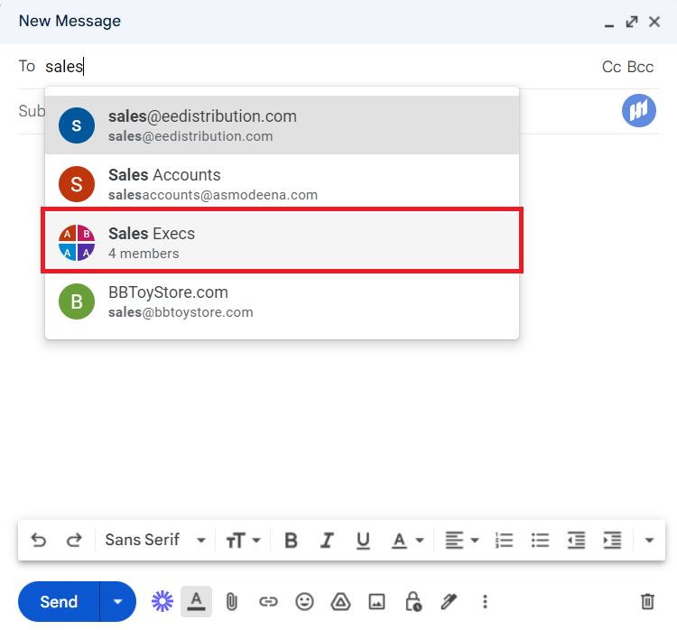 A screenshot showing how to use the distribution list in Gmail