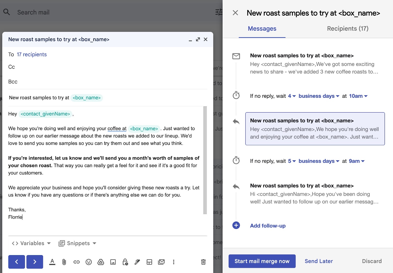 a screenshot showing a draft of a streak mail merge in gmail