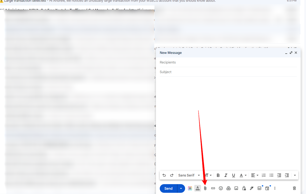 A screenshot of the Gmail Compose showing the attachment file icon in the toolbars below