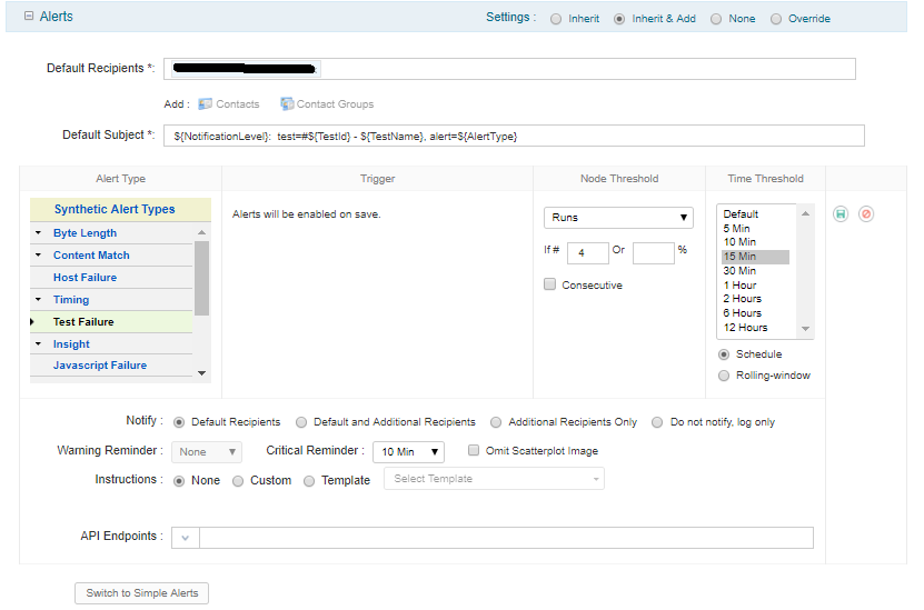 Advanced alerting settings from Catchpoint portal