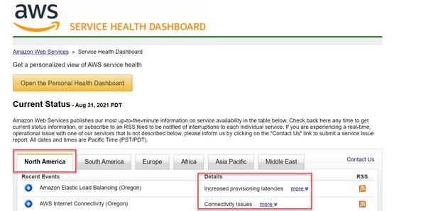 AWS service health dashboard showing latency and connectivity issues