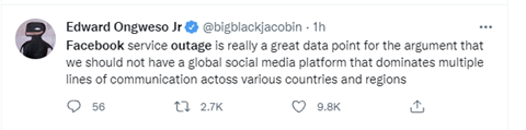 Facebook outage Tweet complaint