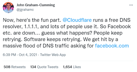 Tweet on DNS resolvers flooding due to Facebook outage
