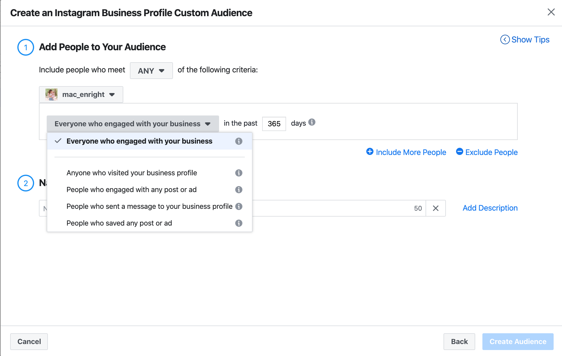 Types of influencer engagement audiences to create in Facebook Audience Manager