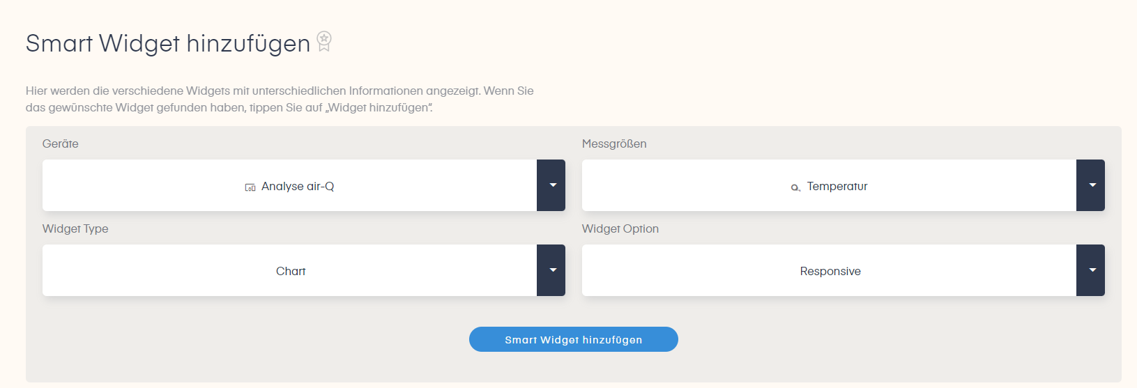 Sceen der air-Q Einstellungen, um Smart Widgets einzustellen