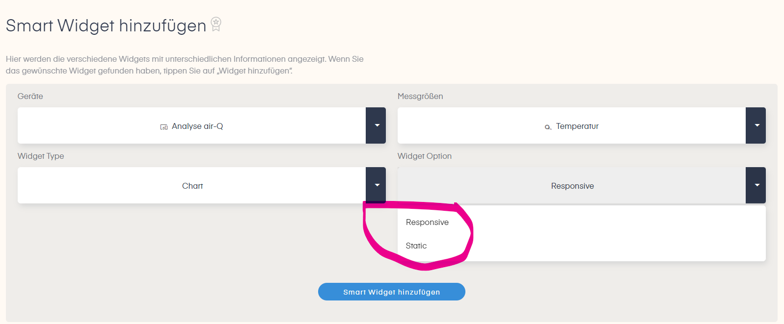 Anleitung Auswahl Live-ert oder statischer Wert der air-Q Smart Widgets