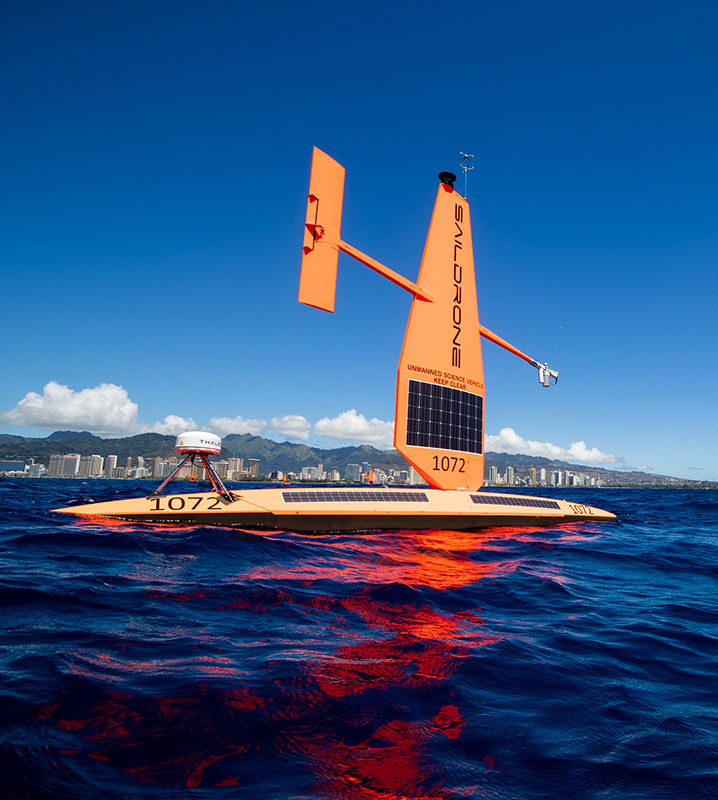Saildrone Explorer unmanned surface vehicle equipped for maritime domain awareness missions in Hawaii.