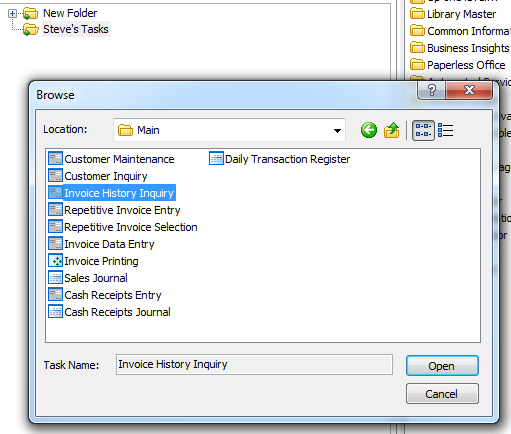 Browsing task types in Sage 100