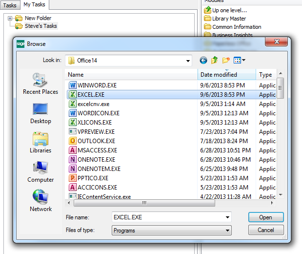 Choosing a file type in sage 100 my tasks panel