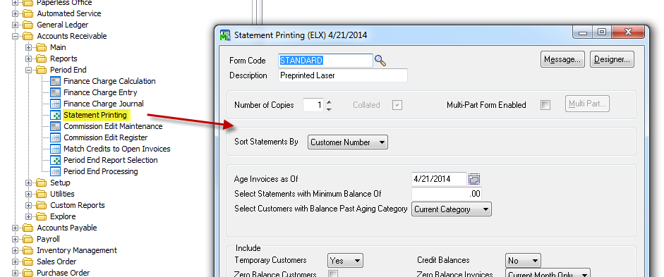 Period end menu dialog in Sage 100 task Manager