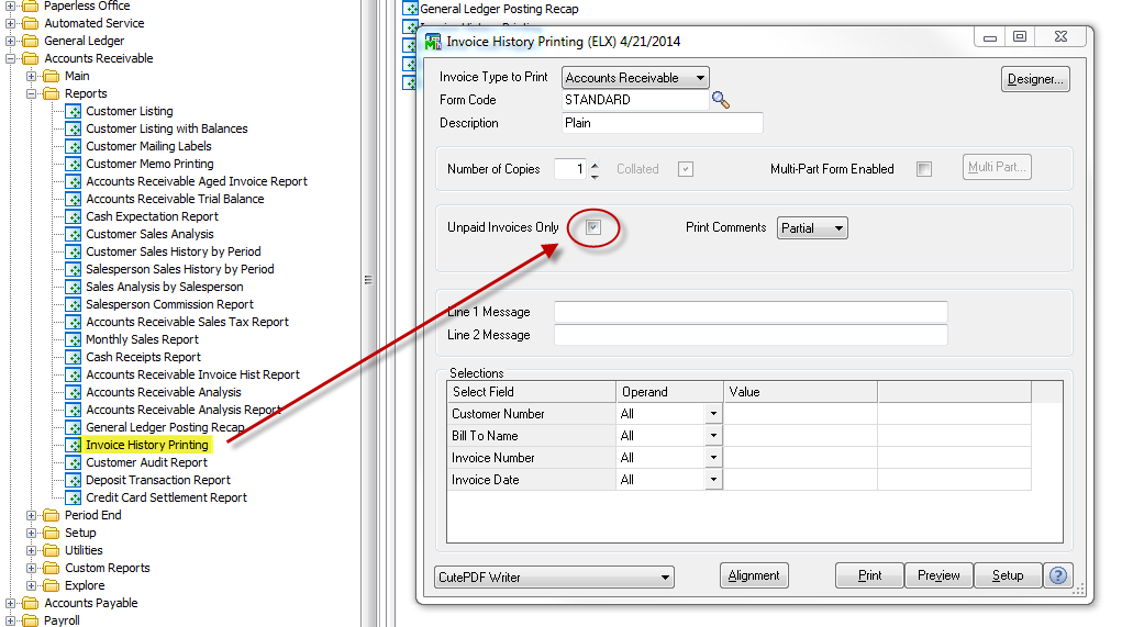 setting invoices to view unpaid only in Sage 100