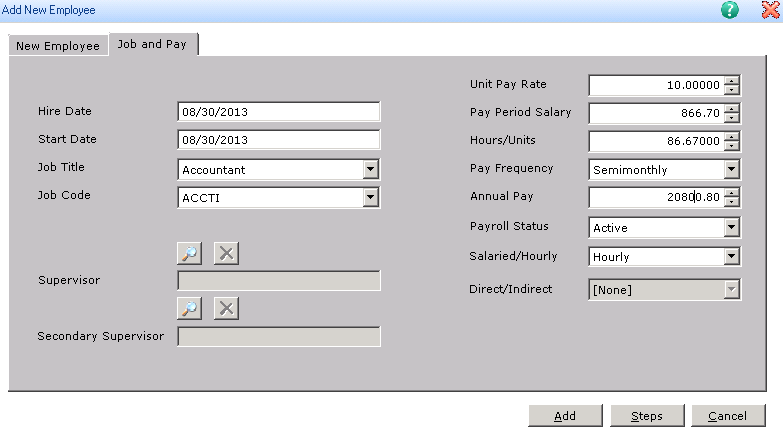 New Employee information Dialog in Sage HRMS