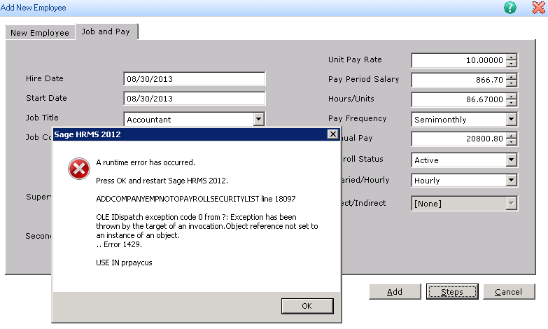 New Hire Add Error in Sage HRMS 2012