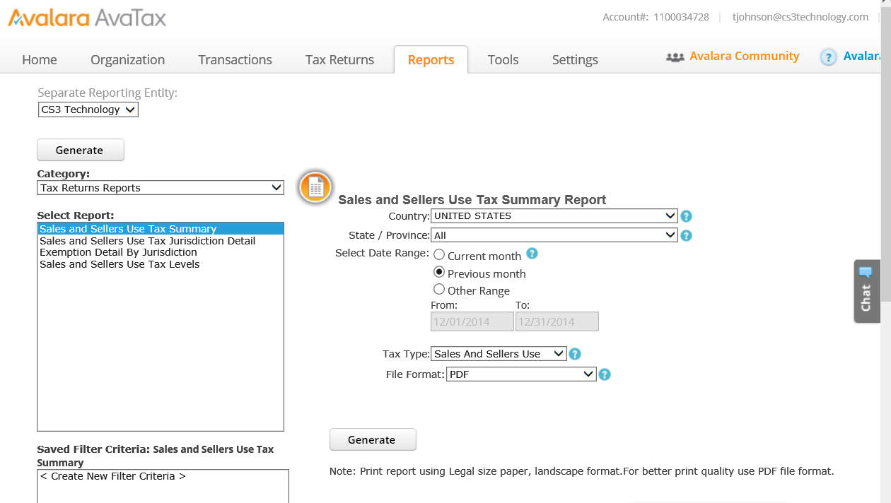 Tax Report tabbed pane in Avalara AvaTax