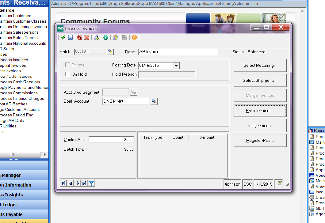 Process Invoices dialog in Sage software