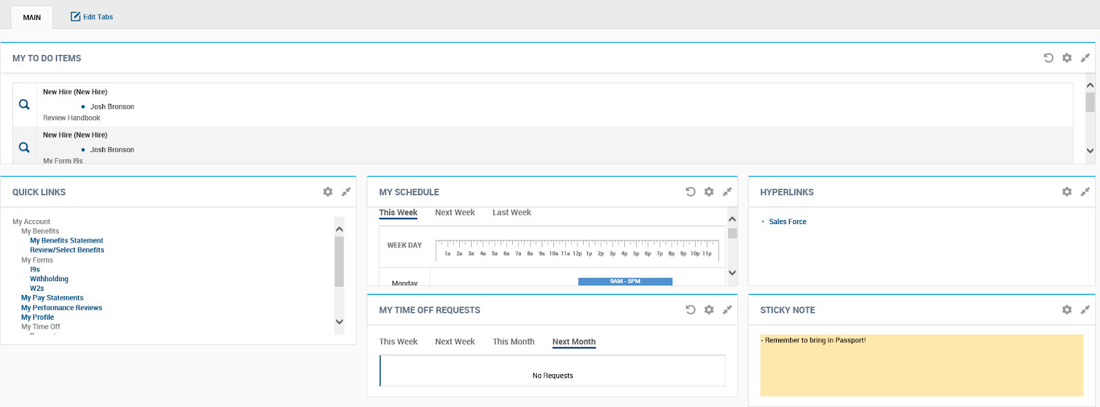 Kronos Workforce Ready Employee Self Service Dashboard Screenshot