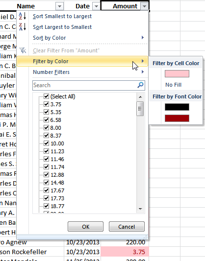 numeric and color data filters in excel