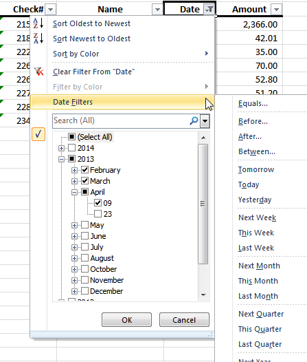 date data filter in excel