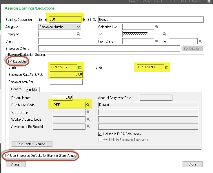 Assign Earnings and Deductions in Sage HRMS