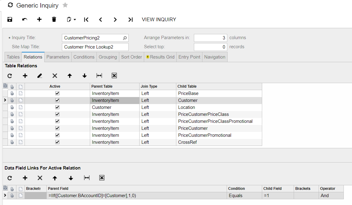 Customer pricing and inventory lookup in Acumatica's Generic Inquiry