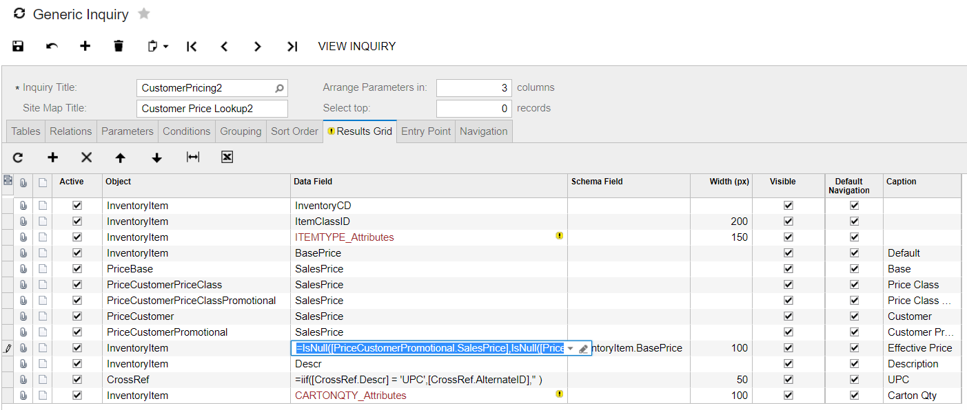 results grid in acumatica's generic inquiry