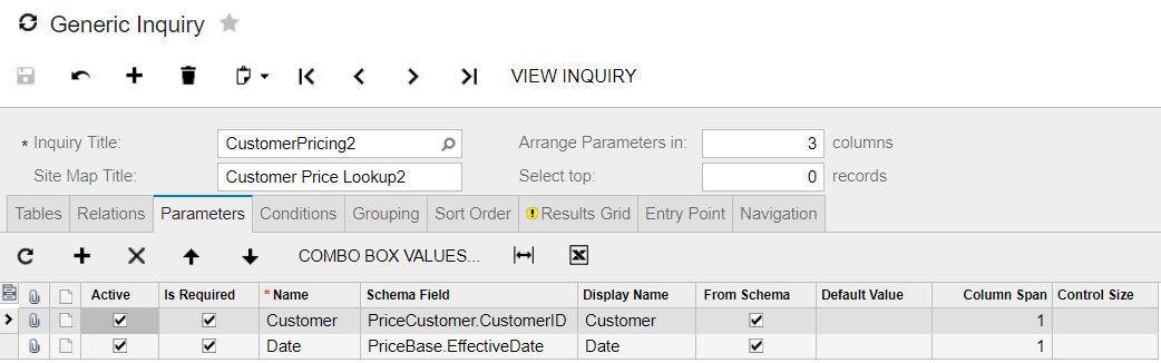 acumatica generic inquiry lookup parameters