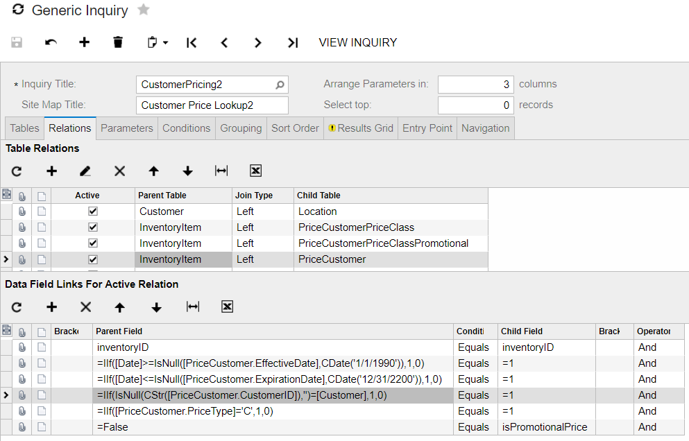 data field links for active relation for customer specific sales price