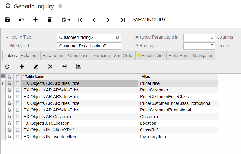 Acumatica Generic Inquiry customer pricing lookup