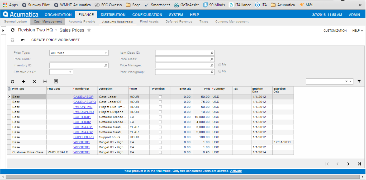 Acumatica Price Worksheet create screen