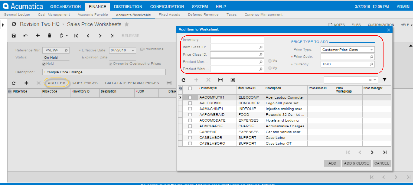 add item to sales price worksheet in Acumatica