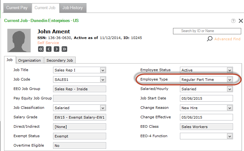 Current Job Employee Detail window in Sage HRMS