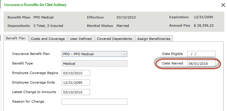 Insurance Benefits Employee Editing screen