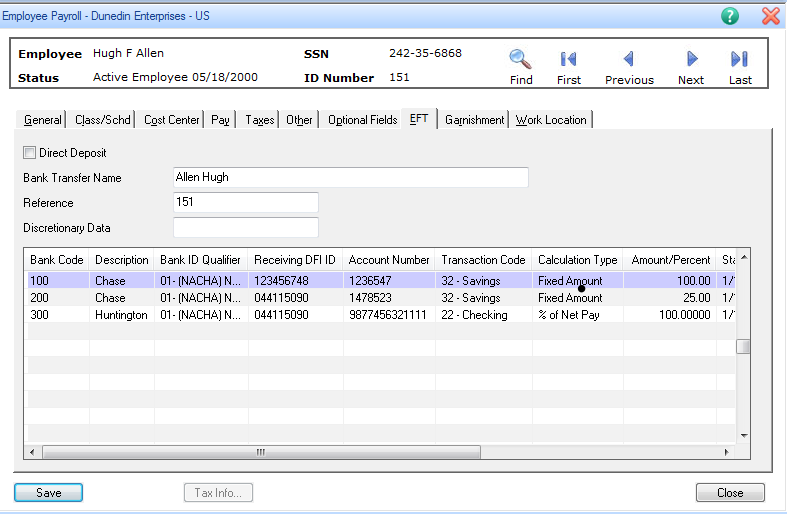 Employee Payroll EFT screen in Sage HRMS