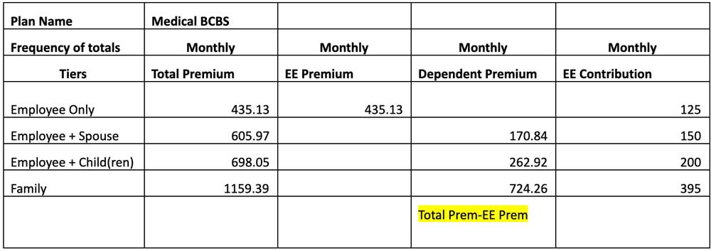 Example of spreadsheet breaking down cost of premium and employee contribution amounts