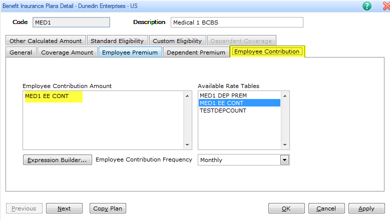 Benefit Insurance Plans Detail dialog box screenshot showing employee contribution