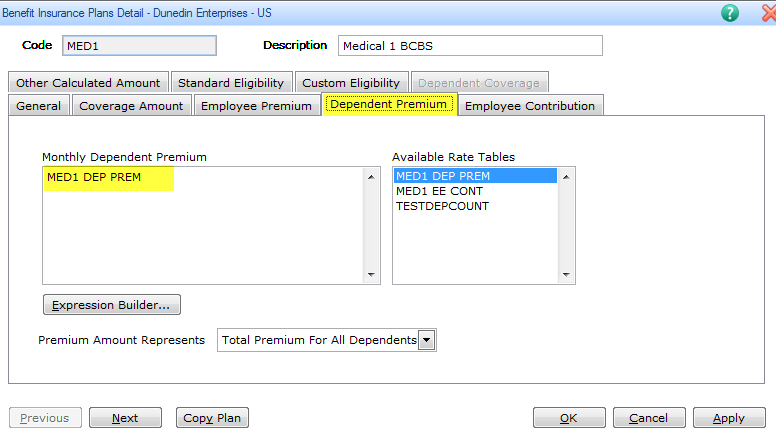 Benefit Insurance Plans Detail dialog box screenshot