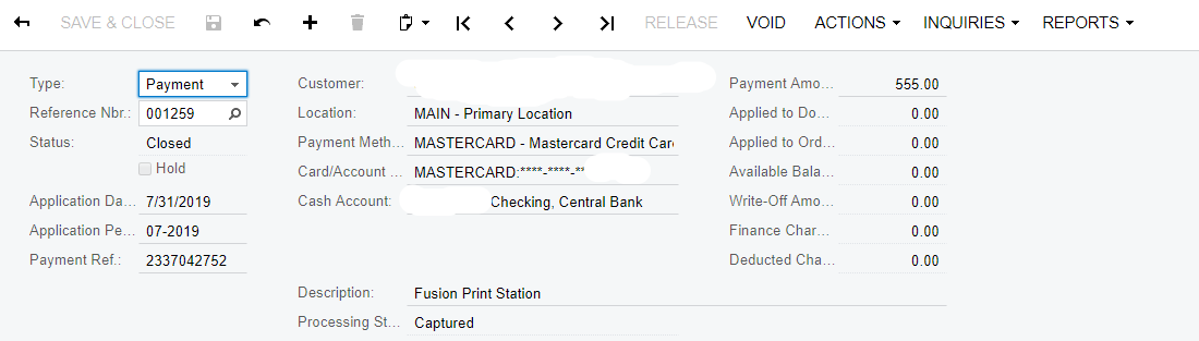 Payment method details dialog in Acumatica