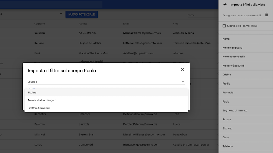 Impostazione filtro dati