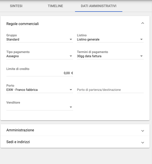 Sezione amministrativa della scheda cliente
