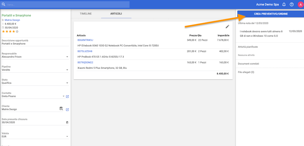 Crea preventivo da opportunità