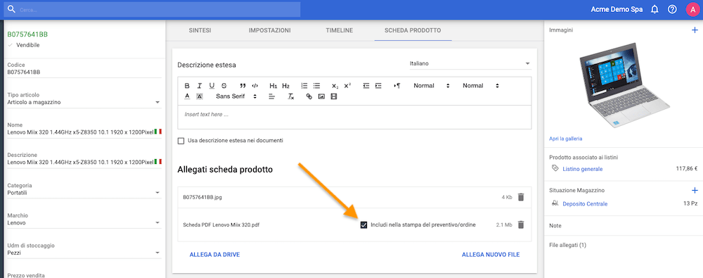 Scheda PDF allegata all'anagrafica articolo