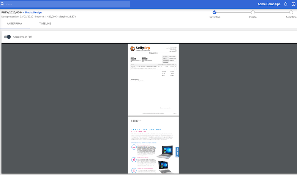 Preventivo con scheda prodotto unita nel pdf
