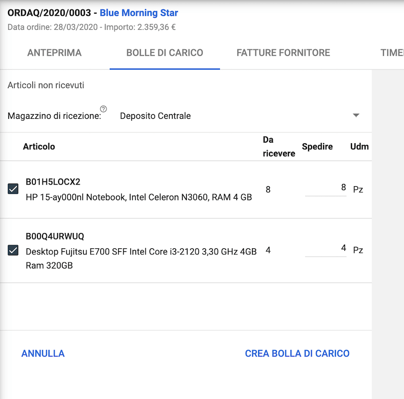 Bolla di carico merce a magazzino