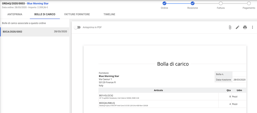 Anteprima bolla di carico