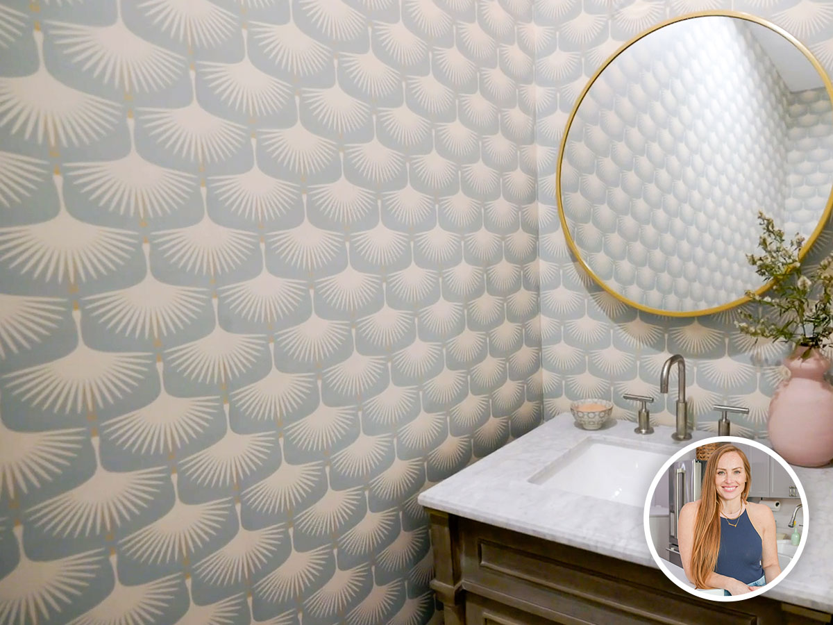 Mina's headshot on top of an image of a powder room sink with mirror and Spoonflower wallpaper featuring cranes on a light blue background