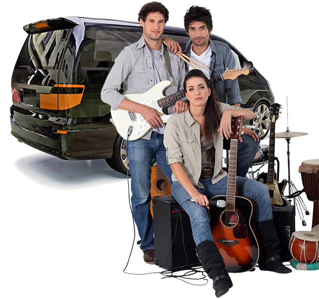 Band with their equipment and shared Getaround® van.