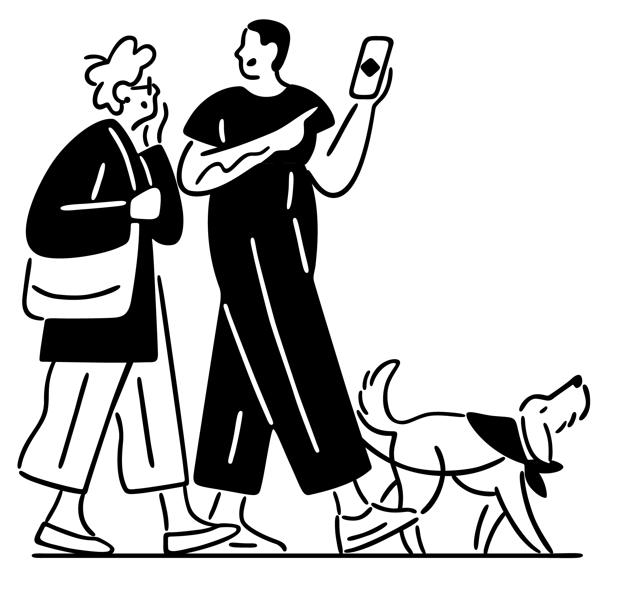 Illustration of two people. One of them is walking his dog and looks excited talking about Getaround, showing it on his phone, to the other person.